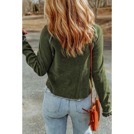 Green Textured Round Neck Long Sleeve Top
