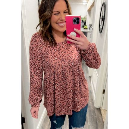 Leopard Print Long Sleeve Ruffled Babydoll Plus Size Blouse