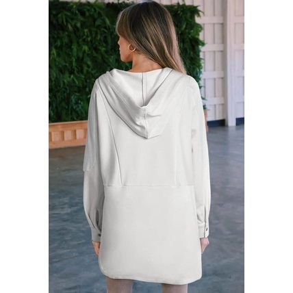 White Patchwork Side Pockets Oversized Henley Hoodie