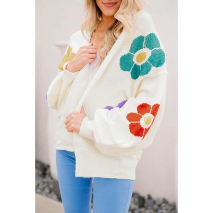 White Flower Jacquared Bubble Sleeve Open Cardigan