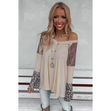 Leopard Sequin Patchwork Bell Sleeve V Neck Tunic Top