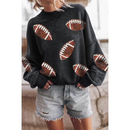 Black Rugby Print Drop Shoulder Crew Neck Sweatshirt