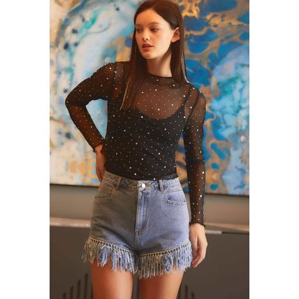 Black Rhinestone Sheer Mesh Slim Fit Long Sleeve Top