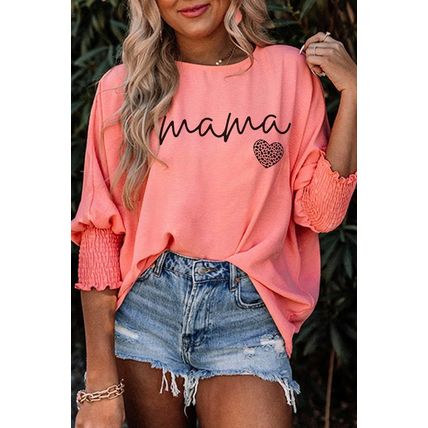 Pink mama Leopard Heart Print Shirred 3/4 Sleeve Top