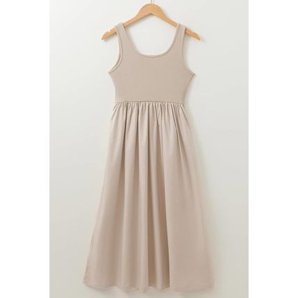 Beige Scoop Neck Ribbed Bodice Pleated Sleeveless Long Dress