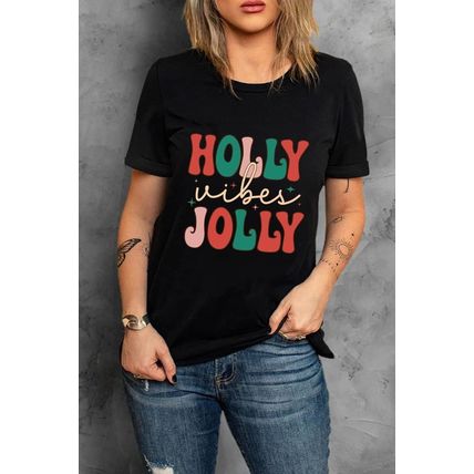 Black HOLLY JOLLY Vibes Christmas Crew Neck T Shirt