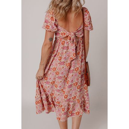 Pink Floral Square Neck Knotted Ruffle Midi Dress