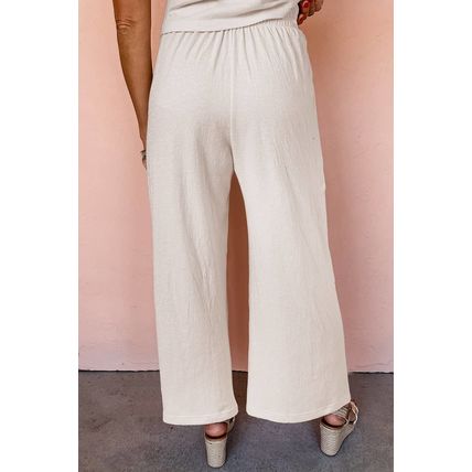 Apricot Buttoned V Neck Tank Top and Wide Leg Pants Casual Outfit