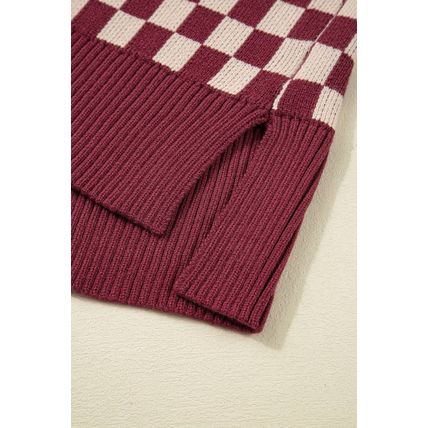 Brown Checkered Color Block Knitted Drop Shoulder Sweater