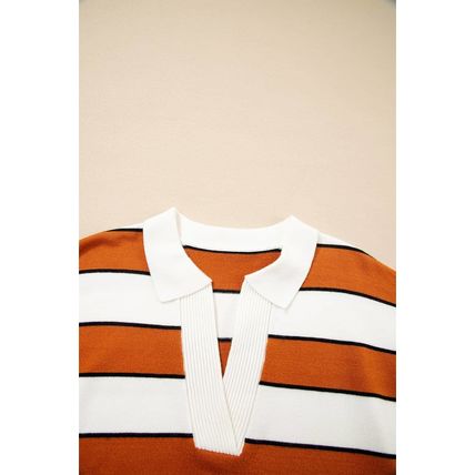 Brown Stripe Ribbed Polo Collar Drop Shoulder Sweater