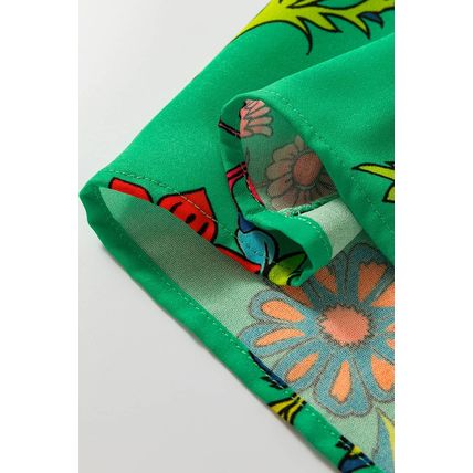 Green Floral Print Flutter Sleeve Frilly Neck Blouse