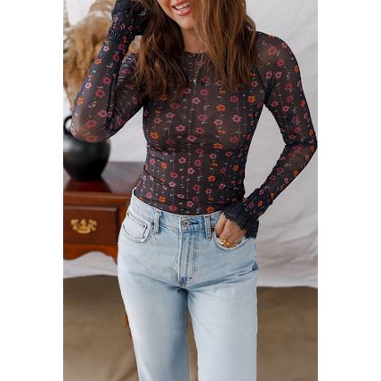 Black Floral Print Smocked Cuff Slim Fit Mesh Bodysuit