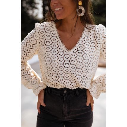 Beige Flower Lace V Neck Ruffled Sleeve Top