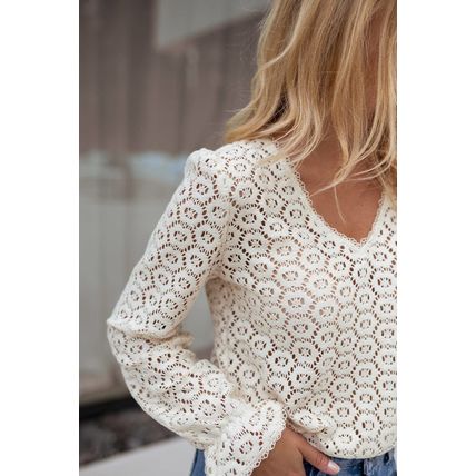 Beige Flower Lace V Neck Ruffled Sleeve Top