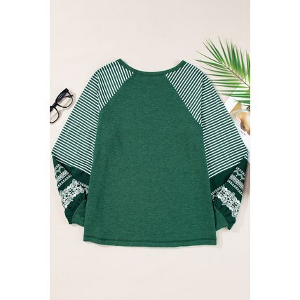 Blackish Green Contrast Print Striped Raglan Long Sleeve Loose Top