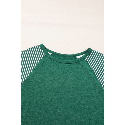 Blackish Green Contrast Print Striped Raglan Long Sleeve Loose Top