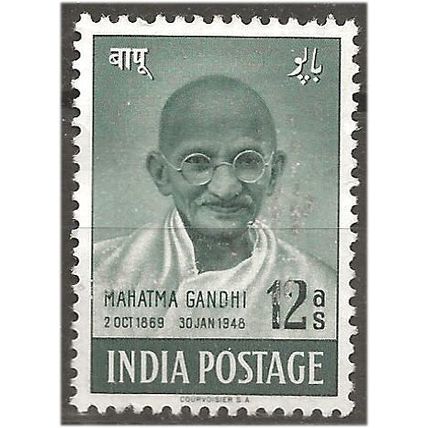 India 1948 SG307 12a Grey-Green Gandhi 1st Anniv Mint No Gum . .. .
