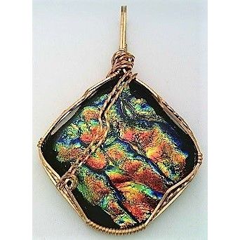 Orange Green Dichroic Glass Bronze Wire Wrap Pendant 2