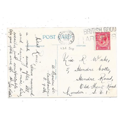 POSTCARD CARPET GARDENS EASTBOURNE SUSSEX POSTED 1926 BRITISH GOODS SLOGAN(1829)