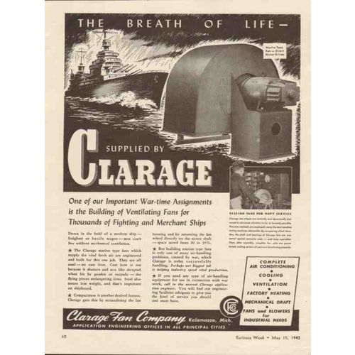 CLARAGE FAN COMPANY 1943 Breath life ventilating fans ships vintage ad