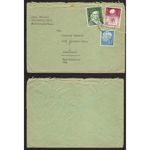 Germany, Bundesrepublik 1955 Cover from Offenbach to Pasadena. Used/rough open