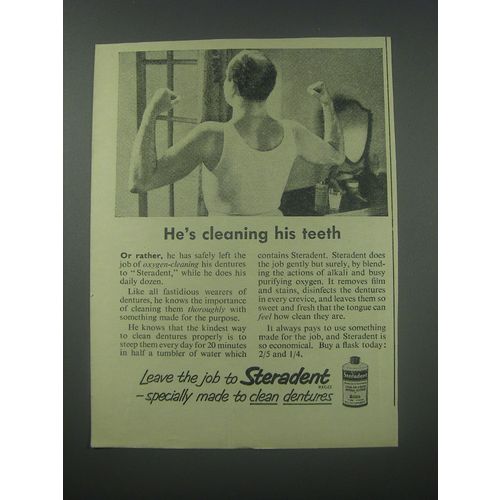 1954 Steradent Denture Cleaner Ad - He's cleaning his teeth