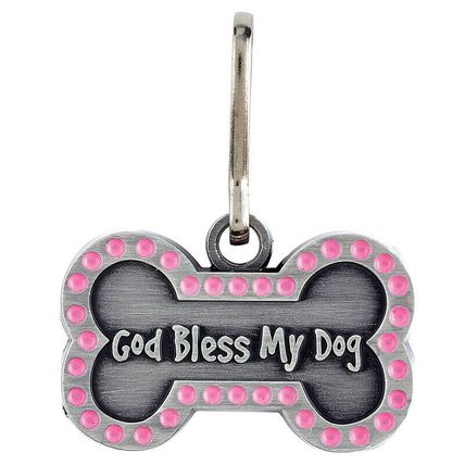Pet Collar, God Bless My Dog Pink Medal with Two FREE Prayer Cards