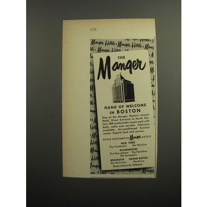 1952 The Manger Hotel Ad - The Manger Hand of Welcome in Boston