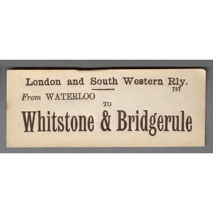 LONDON & SOUTH WESTERN RAILWAY LUGGAGE LABEL -WHITSTONE & BRIDGERULE fr.W'loo (L