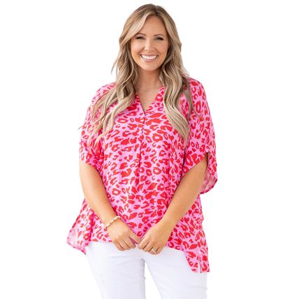 Rose Leopard Print V Neck Half Sleeve Plus Size Blouse