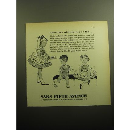 1958 Saks Fifth Avenue Children's Fashion Ad - I want one with cherries on top