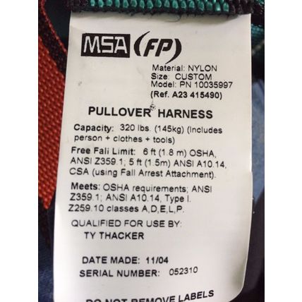 NEW MSA 10035997,MSA Z(FP) PN 10035997 PULLOVER SAFETY HARNESS 320LBS,AA