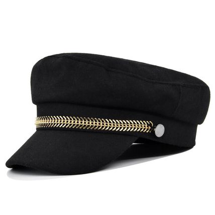 Women Faux Sailor Wool Captain Hat Flat Cap Army Style Chain Cabbie Beret Hat