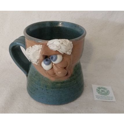 HANDCRAFTED BLUE GLAZED FACE MUG BUSHY WHITE EYEBROWS BLUE EYES POT LUCK BERMUDA