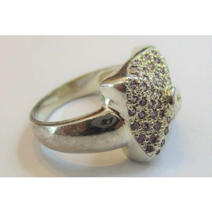 Antique Vintage 1980-s Sterling Silver Amethysts Ring Size UK P, US 7 1/2 7.2 g