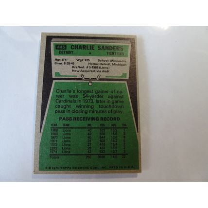 1975 Topps Football Card # 445 Charlie Sanders Very Good (3) Detroit Lions