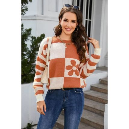 Brown Checkered Floral Print Striped Sleeve Sweater