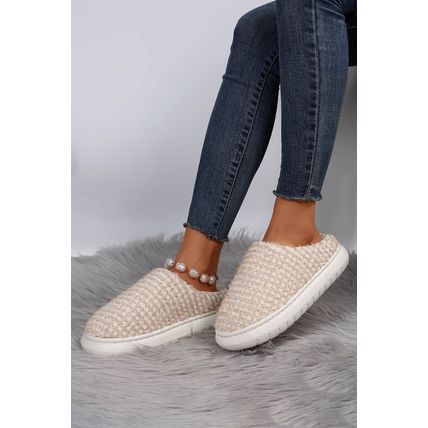Pale Khaki Two-tone Knitted Warm Homewear Slippers