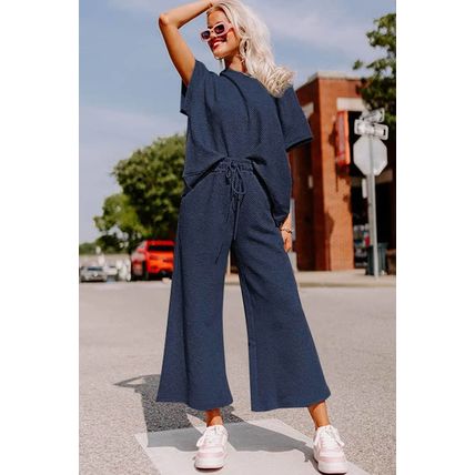 Navy Blue Textured Loose Fit T Shirt and Drawstring Pants Set
