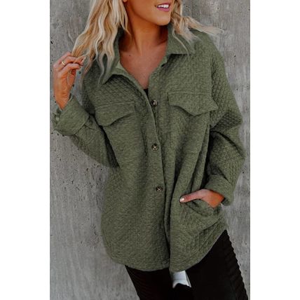 Green Retro Quilted Flap Pocket Button Shacket