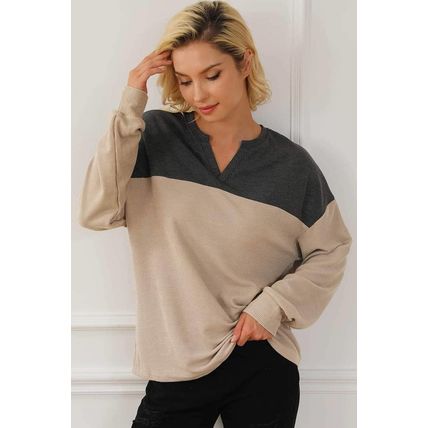 Carbon Grey Notched Neck Colorblock Corded Sweatshirt