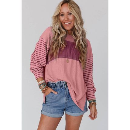 Peach Blossom Colorblock Striped Bishop Sleeve Top