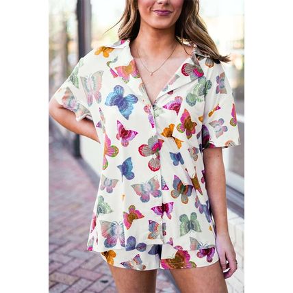 Multicolour Butterfly Pattern Short Sleeve Shirt Pajamas Set