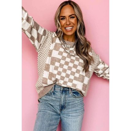 Khaki Checkered Print Drop Shoulder Round Neck Sweater