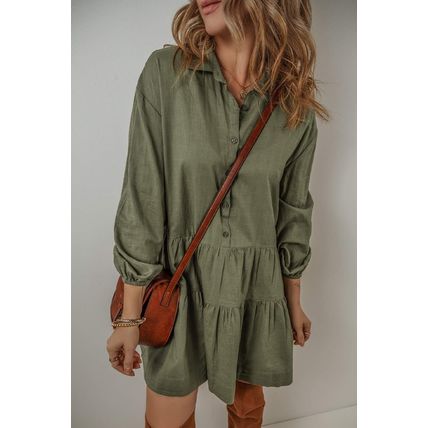 Jungle Green Puff Sleeve Buttoned Tiered Pleated Shirt Mini Dress