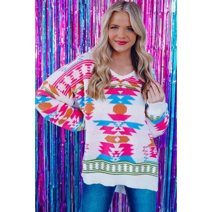 White Oversize Aztec Print High Low V Neck Sweater
