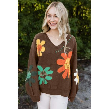 Coffee Big Flower Pattern V Neck Drop Shoulder Sweater