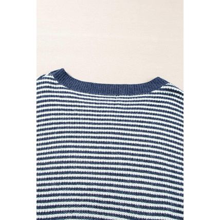 Sail Blue Striped Lantern Sleeve Drop Shoulder Cozy Sweater