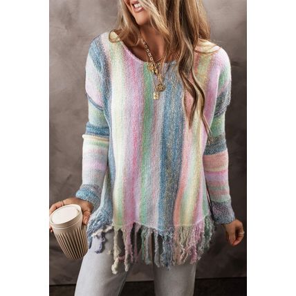 Purple Color Block Fringed Drop Shoulder Tunic Sweater