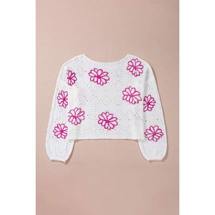 White Contrast Flower Print Eyelet Drop Shoulder Sweater